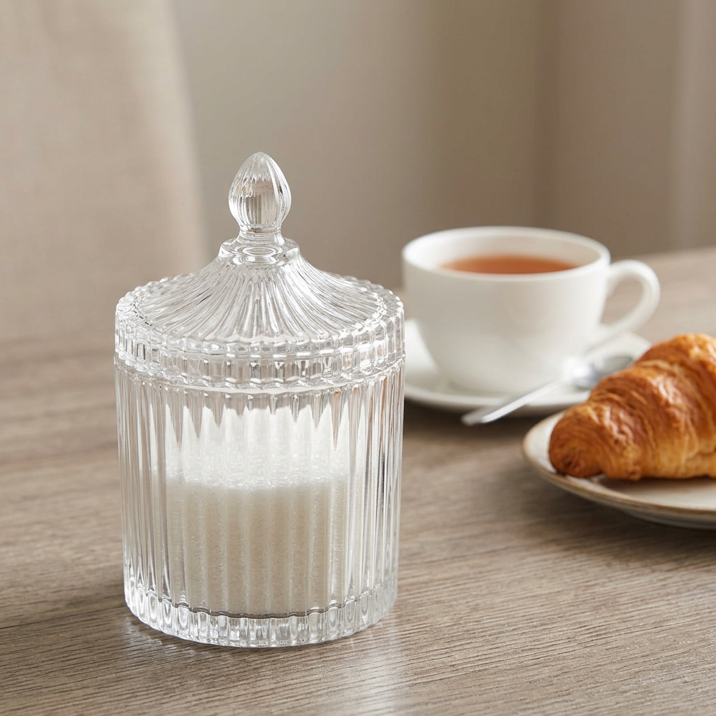 Ribbed Glass Sugar Pot with Decorative Lid – 8×10cm