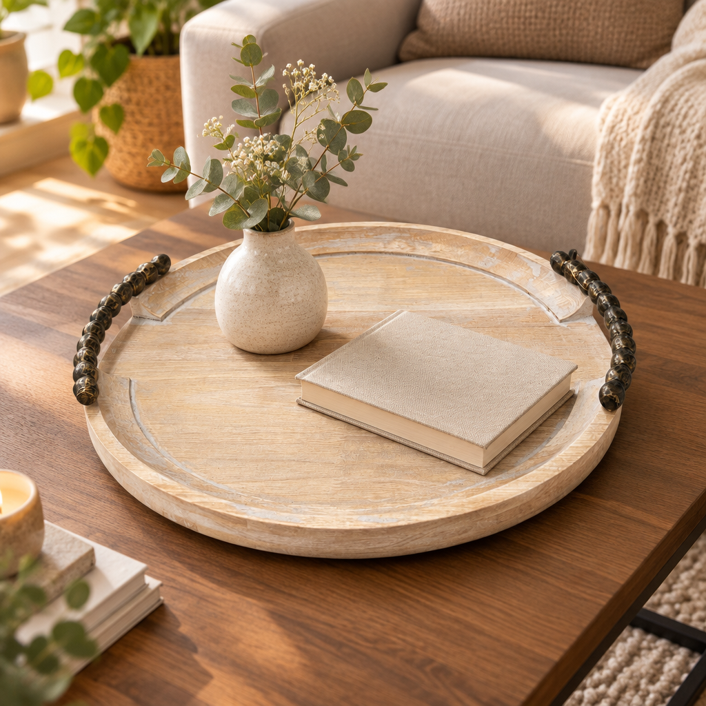 Luhpar Round Wooden Serving Tray with Decorative Handles - 40cm