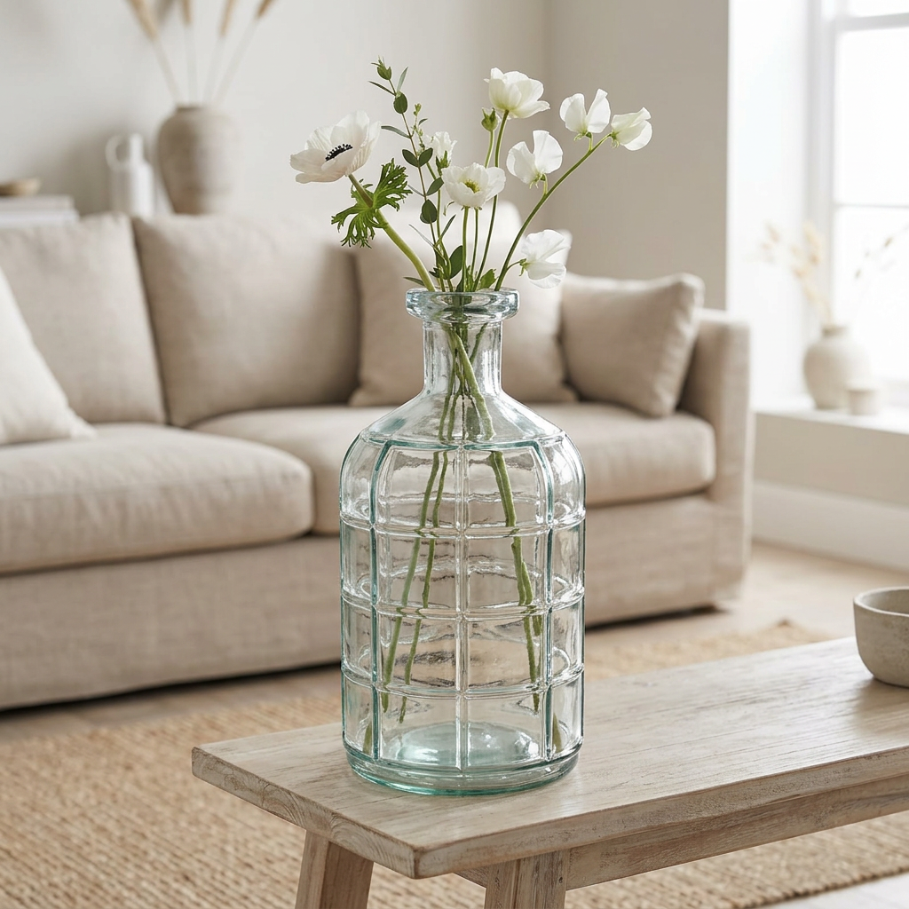 Glass Flower Vase with Grid Pattern – 28cm