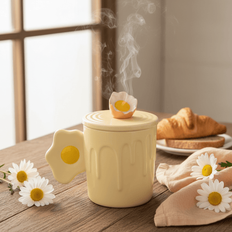 Daisy Bloom Ceramic Mug With Lid — 350ml | Cream Yellow - Al Kabayel Discount CentreDaisy Bloom Ceramic Mug With Lid — 350ml | Cream YellowMugsAKDCAl Kabayel Discount Centre