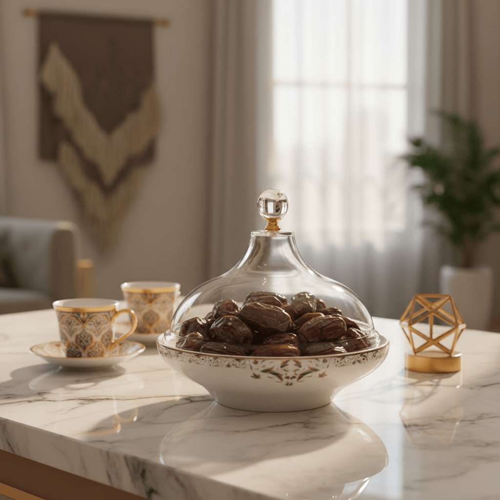 Dallah Addar Elegant White Ceramic Date Bowl with Acrylic Cover – Perfect for Serving Dates, Sweets and Dry Fruits – 18 × 15 cm - Al Kabayel Discount CentreDallah Addar Elegant White Ceramic Date Bowl with Acrylic Cover – Perfect for Serving Dates, Sweets and Dry Fruits – 18 × 15 cmBowlsDallah AddarAl Kabayel Discount Centre