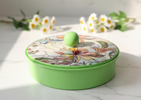 DALLAH ADDAR ROUND CANDY STORAGE BOX – 15CM CLASSIC GREEN COLOR METAL CONTAINER FOR SNACKS, DRY FRUITS & TABLE DECOR - Al Kabayel Discount CentreDALLAH ADDAR ROUND CANDY STORAGE BOX – 15CM CLASSIC GREEN COLOR METAL CONTAINER FOR SNACKS, DRY FRUITS & TABLE DECORJars & Food SaversDALLAH ADDARAl Kabayel Discount Centre