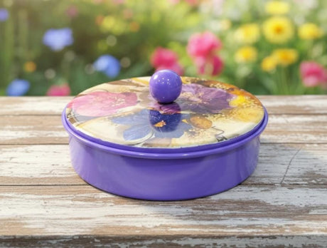 DALLAH ADDAR ROUND CANDY STORAGE BOX – 15CM PREMIUM PURPLE COLOR METAL CONTAINER FOR DRY FRUITS, SWEETS, SNACKS & DECORATIVE SERVING PURPOSES - Al Kabayel Discount CentreDALLAH ADDAR ROUND CANDY STORAGE BOX – 15CM PREMIUM PURPLE COLOR METAL CONTAINER FOR DRY FRUITS, SWEETS, SNACKS & DECORATIVE SERVING PURPOSESJars & Food SaversDALLAH ADDARAl Kabayel Discount Centre