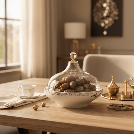 Dallah Addar White Ceramic Date Serving Bowl with Acrylic Cover – Premium Ramadan Date Display Tray for Home, Gatherings and Hospitality – 23 × 18 cm - Al Kabayel Discount CentreDallah Addar White Ceramic Date Serving Bowl with Acrylic Cover – Premium Ramadan Date Display Tray for Home, Gatherings and Hospitality – 23 × 18 cmBowlsDallah AddarAl Kabayel Discount Centre