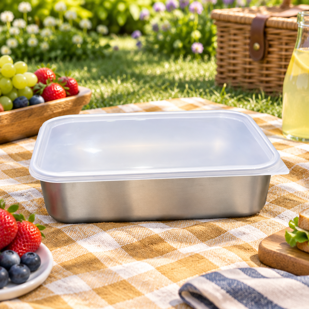 Metal Food Container with Plastic Lid Silver - 24×18cm