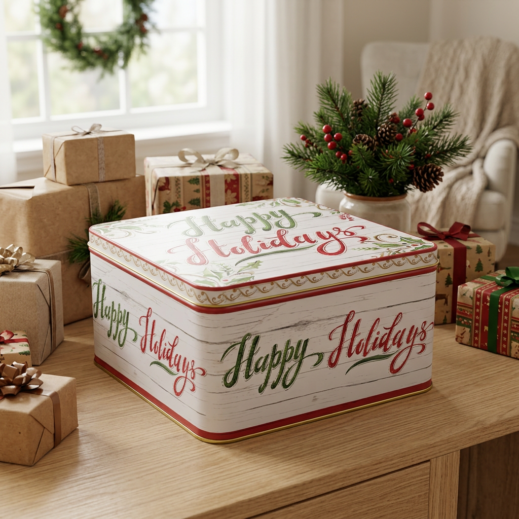 Metal Square Christmas Candy Box with Lid - 20×20cm