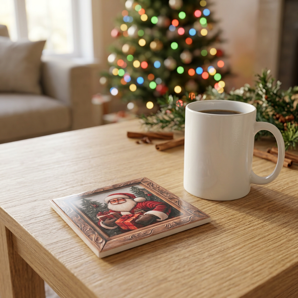 Ceramic-Coated Square Christmas Coaster with Santa Design - 11cm