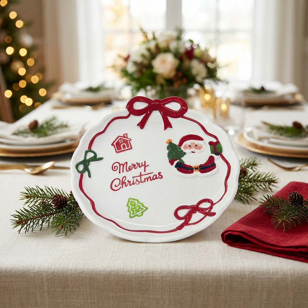 Ceramic Christmas Candy Plate with Bow Design - 21cm