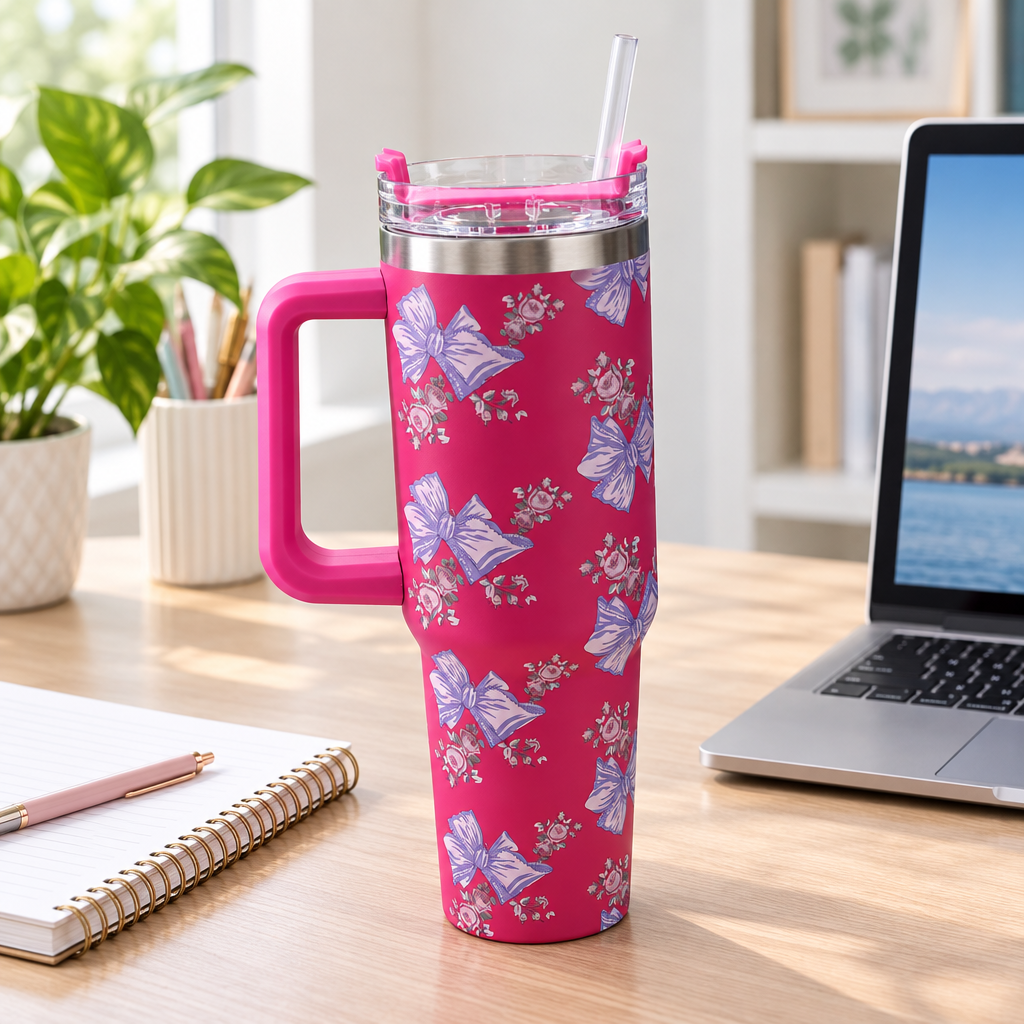 Stainless Steel Water Bottle with Straw & Handle Pink - 1 Litre