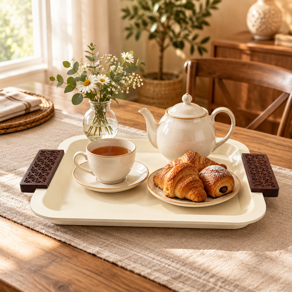 Metal Rectangle Tray with Wooden Handles Cream - 32x24cm