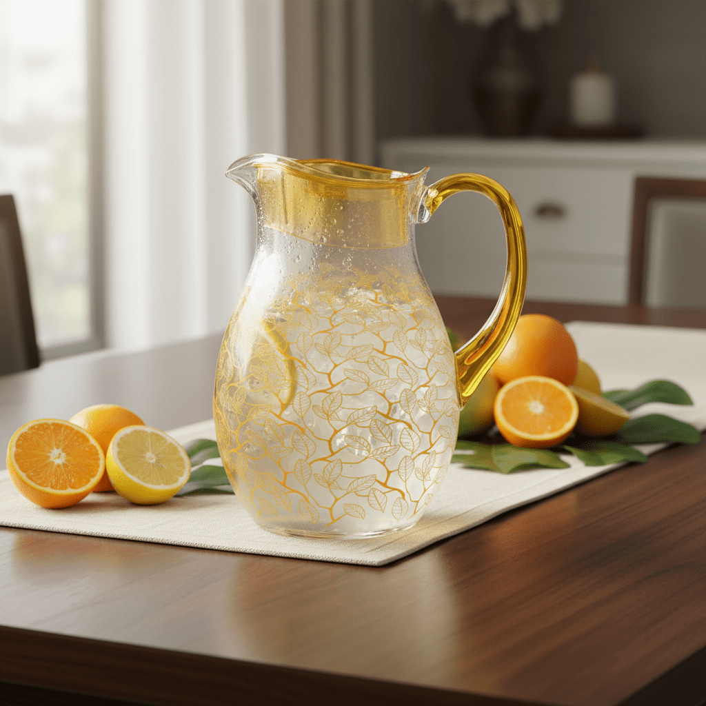 Decorative Clear Acrylic Beverage Jug with Yellow Leaf Print Artwork – 20 cm - Al Kabayel Discount CentreDecorative Clear Acrylic Beverage Jug with Yellow Leaf Print Artwork – 20 cmJugsAKDCAl Kabayel Discount Centre