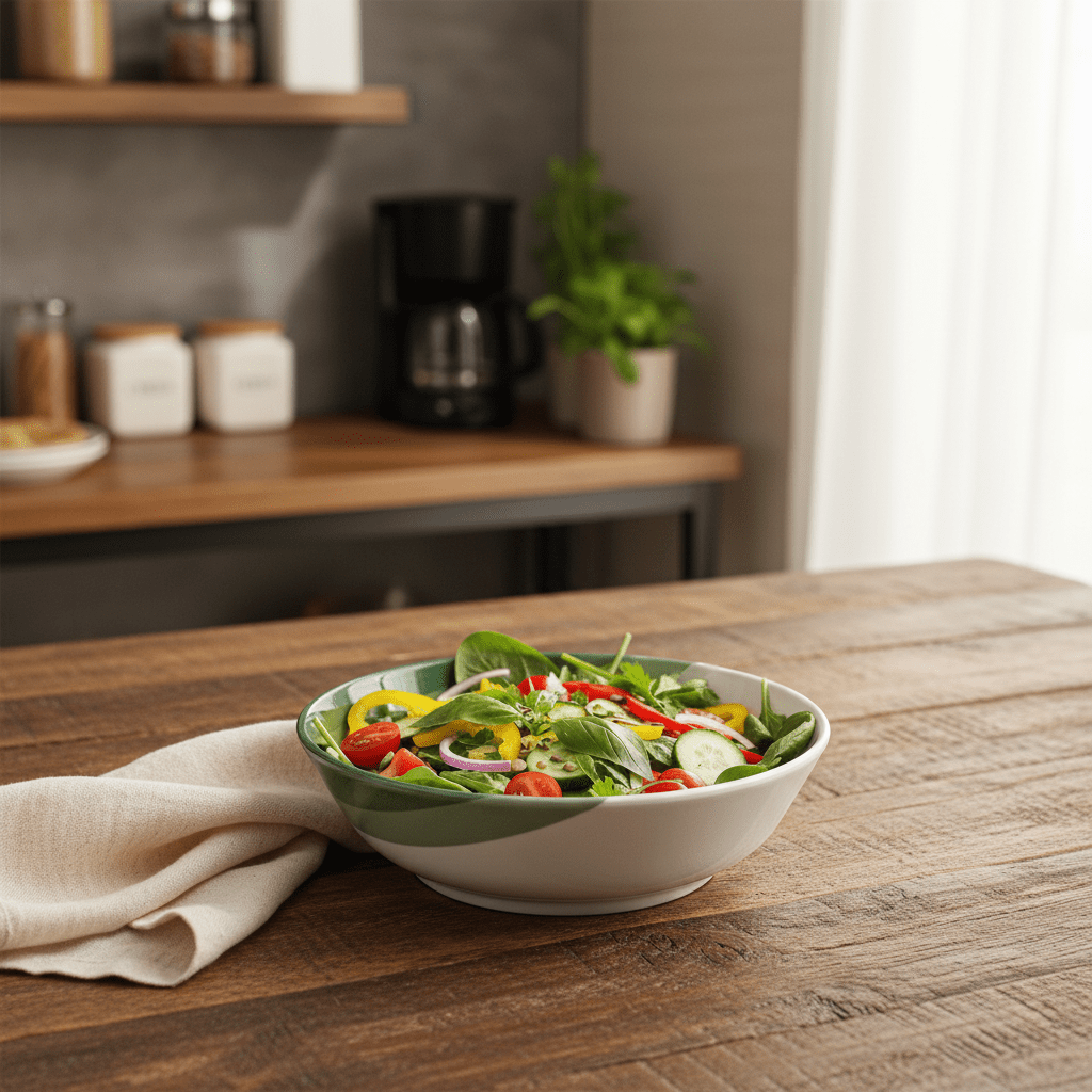 Delcasa Round White Melamine Serving Bowl with Green Shade Design, Ideal for Serving Vegetables, Salads & Curries – 19 cm - Al Kabayel Discount CentreDelcasa Round White Melamine Serving Bowl with Green Shade Design, Ideal for Serving Vegetables, Salads & Curries – 19 cmBowlsDELCASAAl Kabayel Discount Centre
