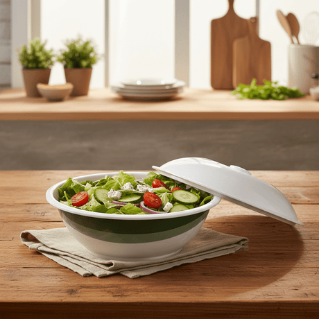 Delcasa Round White Melamine Serving Bowl with Lid and Green Shade Design, Covered Bowl for Storage & Serving – 25 cm - Al Kabayel Discount CentreDelcasa Round White Melamine Serving Bowl with Lid and Green Shade Design, Covered Bowl for Storage & Serving – 25 cmBowlsDELCASAAl Kabayel Discount Centre