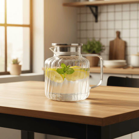 Deli Refined Glass Water Jug with Metallic Silver Lid – Stylish Serving Carafe (1.65 L) - Al Kabayel Discount CentreDeli Refined Glass Water Jug with Metallic Silver Lid – Stylish Serving Carafe (1.65 L)JugsDELIAl Kabayel Discount Centre