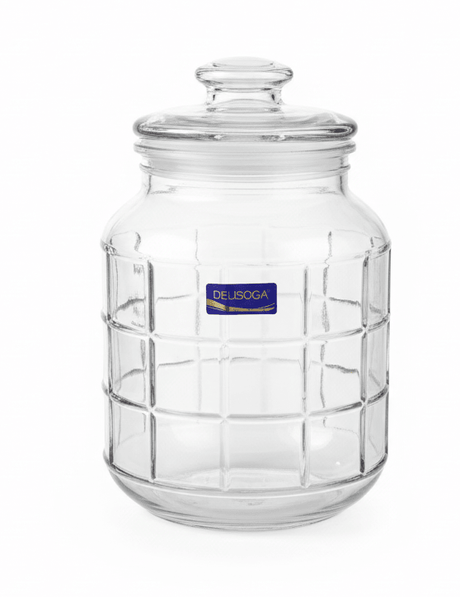 Delisoga Airtight Glass Storage Jar with Grid Emboss Design & Glass Lid — 2200ml - Al Kabayel Discount CentreDelisoga Airtight Glass Storage Jar with Grid Emboss Design & Glass Lid — 2200mlJars & Food SaversDELISOGAAl Kabayel Discount Centre