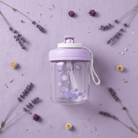 Delsoga Clear Glass Bottle with Straw & Purple Lid for Cold Drinks – 400 ml - Al Kabayel Discount CentreDelsoga Clear Glass Bottle with Straw & Purple Lid for Cold Drinks – 400 mlWater BottlesDELSOGAAl Kabayel Discount Centre