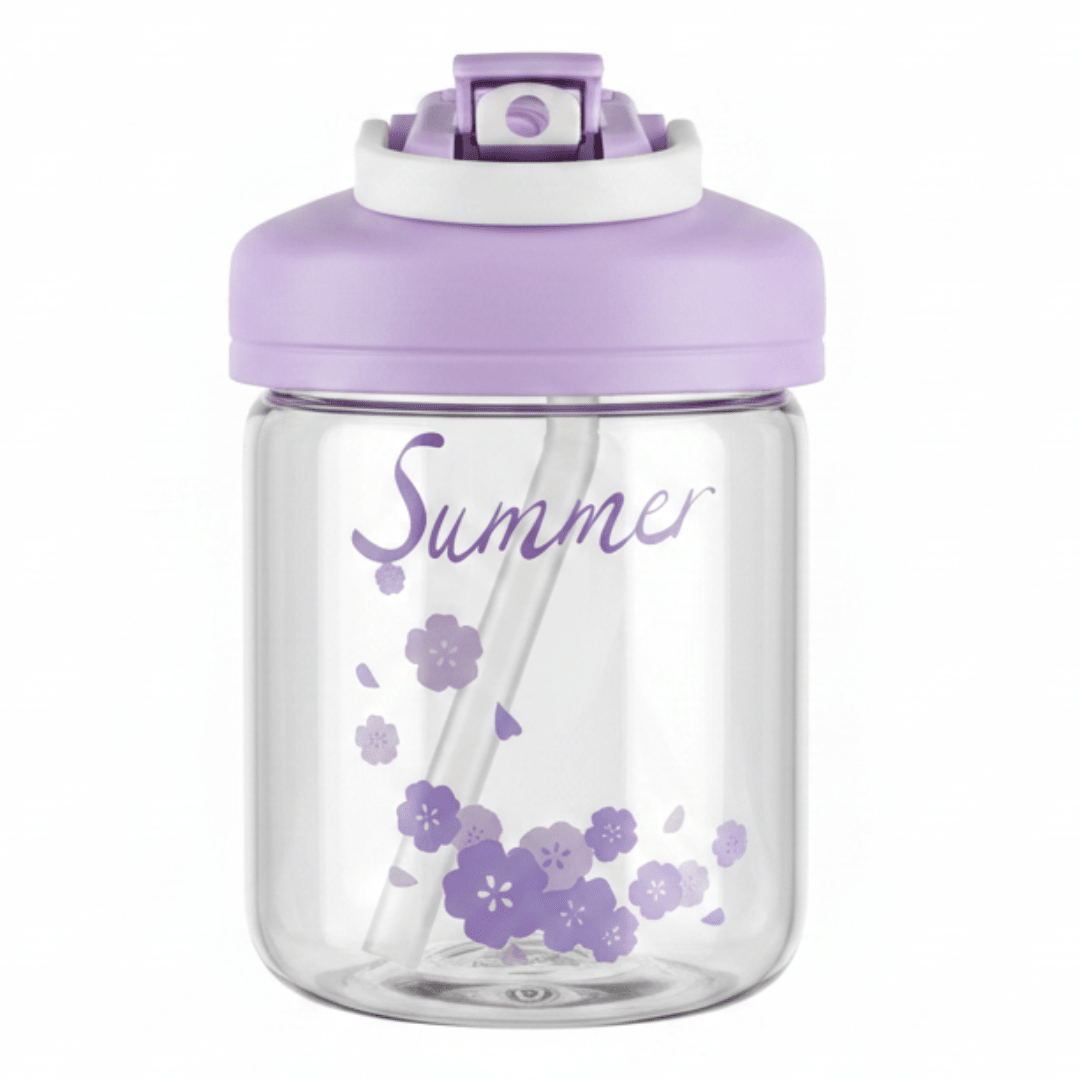 Delsoga Clear Glass Bottle with Straw & Purple Lid for Cold Drinks – 400 ml - Al Kabayel Discount CentreDelsoga Clear Glass Bottle with Straw & Purple Lid for Cold Drinks – 400 mlWater BottlesDELSOGAAl Kabayel Discount Centre