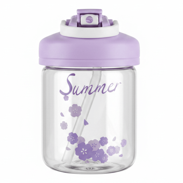 Delsoga Clear Glass Bottle with Straw & Purple Lid for Cold Drinks – 400 ml - Al Kabayel Discount CentreDelsoga Clear Glass Bottle with Straw & Purple Lid for Cold Drinks – 400 mlWater BottlesDELSOGAAl Kabayel Discount Centre
