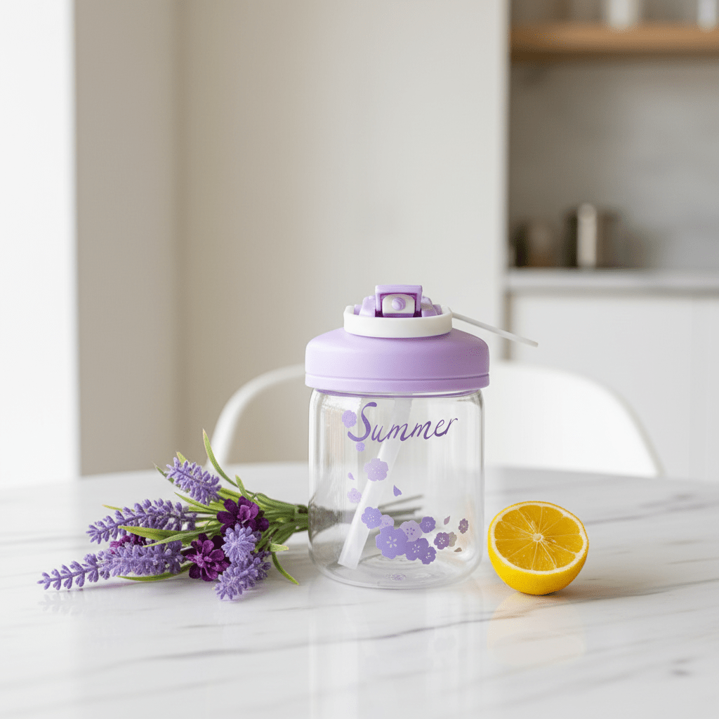 Delsoga Clear Glass Bottle with Straw & Purple Lid for Cold Drinks – 400 ml - Al Kabayel Discount CentreDelsoga Clear Glass Bottle with Straw & Purple Lid for Cold Drinks – 400 mlWater BottlesDELSOGAAl Kabayel Discount Centre