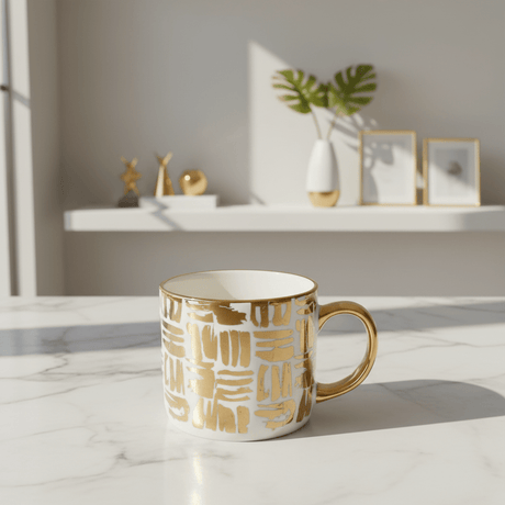 DH White Ceramic Mug with Golden Design & Handle — 350ml - Al Kabayel Discount CentreDH White Ceramic Mug with Golden Design & Handle — 350mlMugsDHAl Kabayel Discount Centre