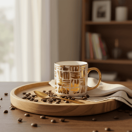 DH White Ceramic Mug with Golden Design & Handle — 350ml - Al Kabayel Discount CentreDH White Ceramic Mug with Golden Design & Handle — 350mlMugsDHAl Kabayel Discount Centre