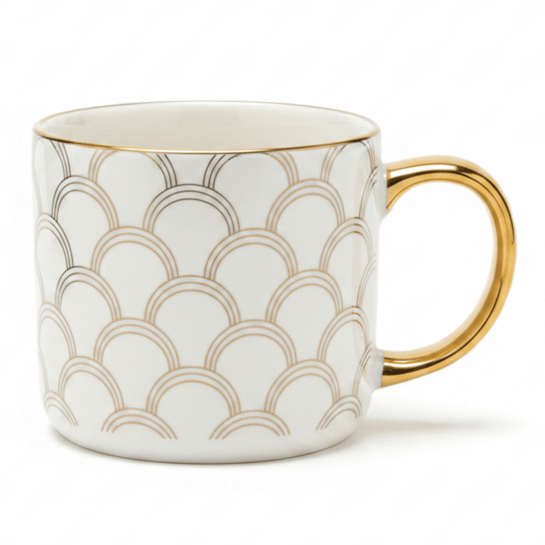 DH White Ceramic Mug with Golden Scallop Design & Gold Handle | 350ml - Al Kabayel Discount CentreDH White Ceramic Mug with Golden Scallop Design & Gold Handle | 350mlMugsDHAl Kabayel Discount Centre