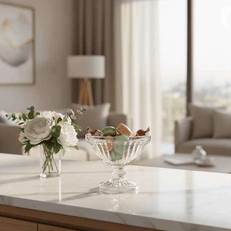 Diamond Footed Glass Candy Bowl – Elegant Raised Glass Bowl for Candy, Desserts & Table Display 18×18 cm - Al Kabayel Discount CentreDiamond Footed Glass Candy Bowl – Elegant Raised Glass Bowl for Candy, Desserts & Table Display 18×18 cmBowlsDIAMONDAl Kabayel Discount Centre