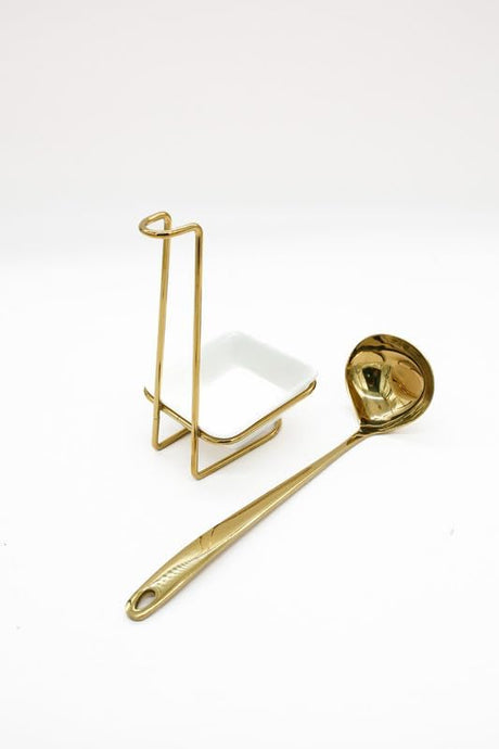 DONG ZHAO WEI Stainless Steel Spoon And Ceramic Holder 37cmx32cmx11cm, Gold/White - Al Kabayel Discount CentreDONG ZHAO WEI Stainless Steel Spoon And Ceramic Holder 37cmx32cmx11cm, Gold/WhiteCookware AccessoriesDONG ZHAO WEIAl Kabayel Discount Centre