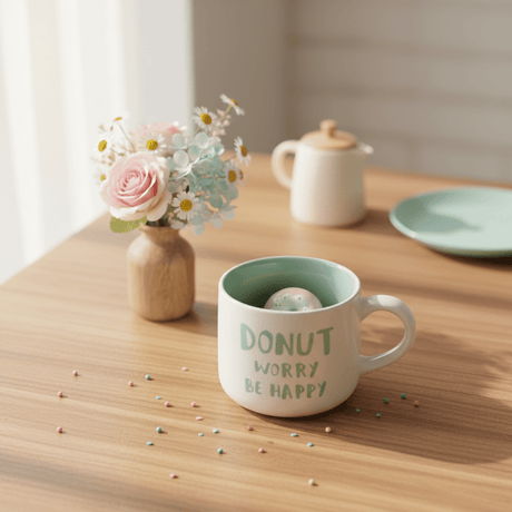Donut Worry Be Happy | White & Mint Green Ceramic Mug with Hidden Donut Surprise | 400ml - Al Kabayel Discount CentreDonut Worry Be Happy | White & Mint Green Ceramic Mug with Hidden Donut Surprise | 400mlMugsAKDCAl Kabayel Discount Centre