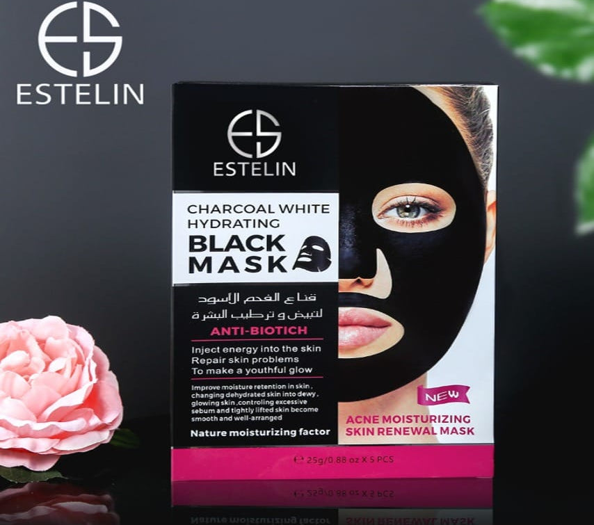 Estelin Charcoal White Hydrating Black Mask – Anti-Biotic Skin Renewal Sheet Mask (5 Sheets)