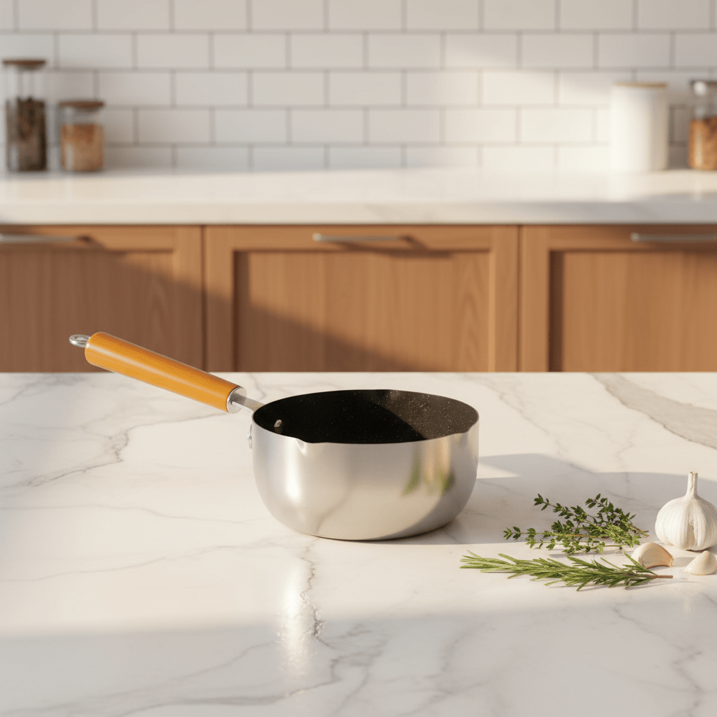 Dual - Tone Stainless Steel Sauce Pan with Wooden Handle – Modern Cooking Pot in Silver & Black Finish (24 cm) - Al Kabayel Discount CentreDual - Tone Stainless Steel Sauce Pan with Wooden Handle – Modern Cooking Pot in Silver & Black Finish (24 cm)Frying Pans & SkilletsAKDCAl Kabayel Discount Centre