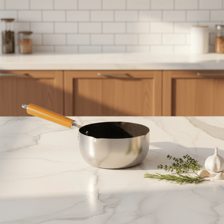Dual - Tone Stainless Steel Sauce Pan with Wooden Handle – Modern Cooking Pot in Silver & Black Finish (24 cm) - Al Kabayel Discount CentreDual - Tone Stainless Steel Sauce Pan with Wooden Handle – Modern Cooking Pot in Silver & Black Finish (24 cm)Frying Pans & SkilletsAKDCAl Kabayel Discount Centre