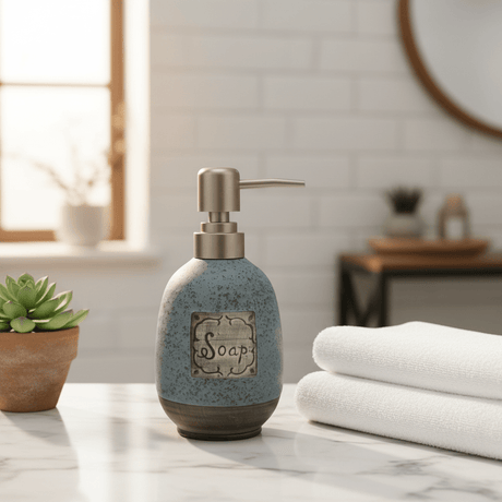 Dusty Blue Speckled Glaze Ceramic & Plastic Liquid Soap Dispenser - 400ml - Al Kabayel Discount CentreDusty Blue Speckled Glaze Ceramic & Plastic Liquid Soap Dispenser - 400mlHolders & DispensersAKDCAl Kabayel Discount Centre
