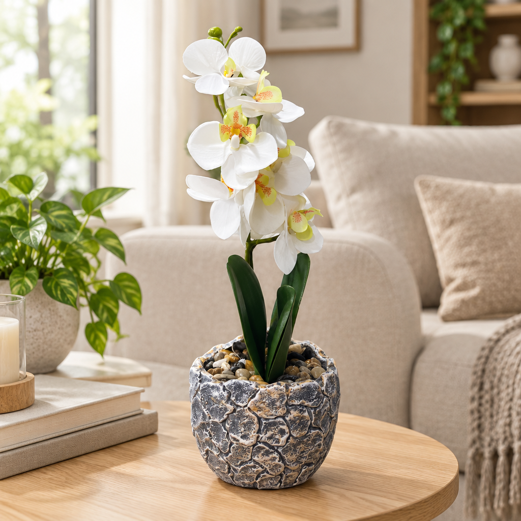 Artificial Orchid Flower Plant with Ceramic Pot White  – 40cm