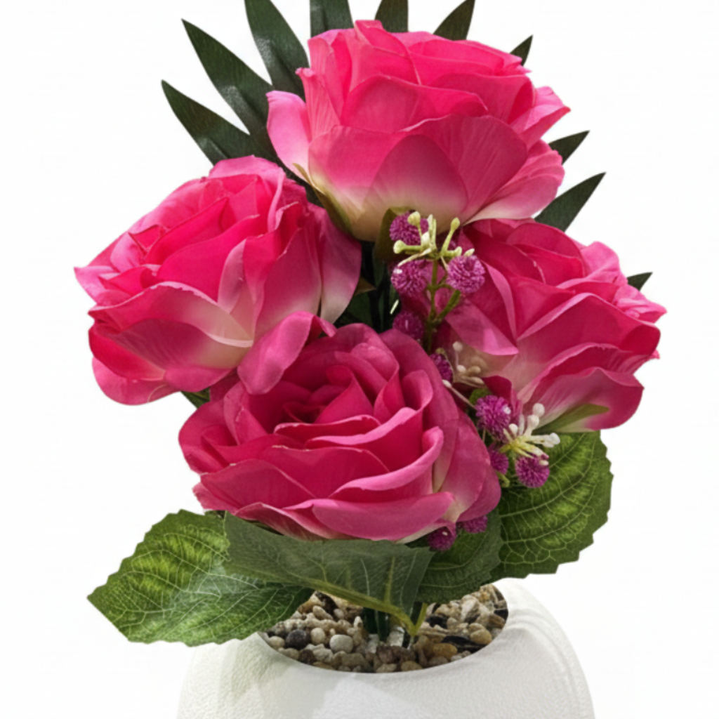 Artificial Rose Flower Plant Pink with White Plastic Pot - 30cm