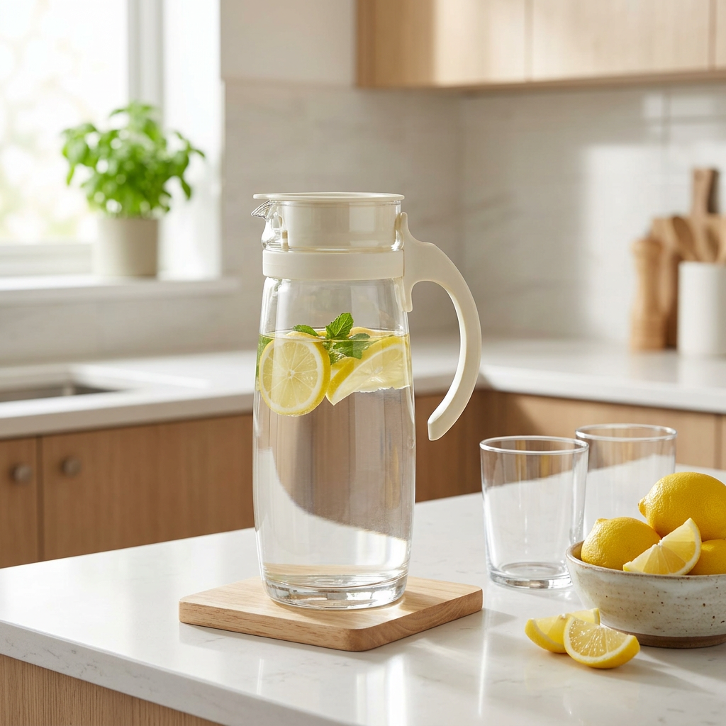 Ocean Glass Jug with Plastic Lid & Handle Cream - 1660ml