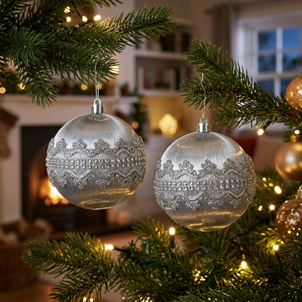 Plastic Christmas Hanging Balls 2 Piece Grey - 10cm