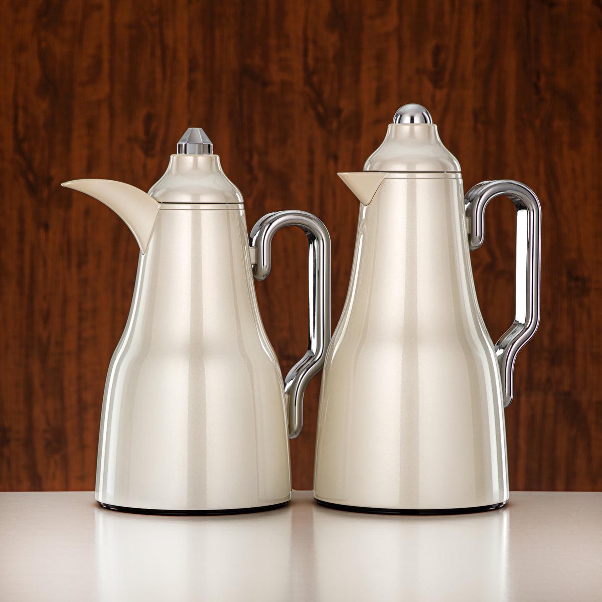Almarjan 2pcs Vacuum Flask Set Metal Body Pearl White & Silver 0.7L + 1L (FG814-070/100 PW/C)