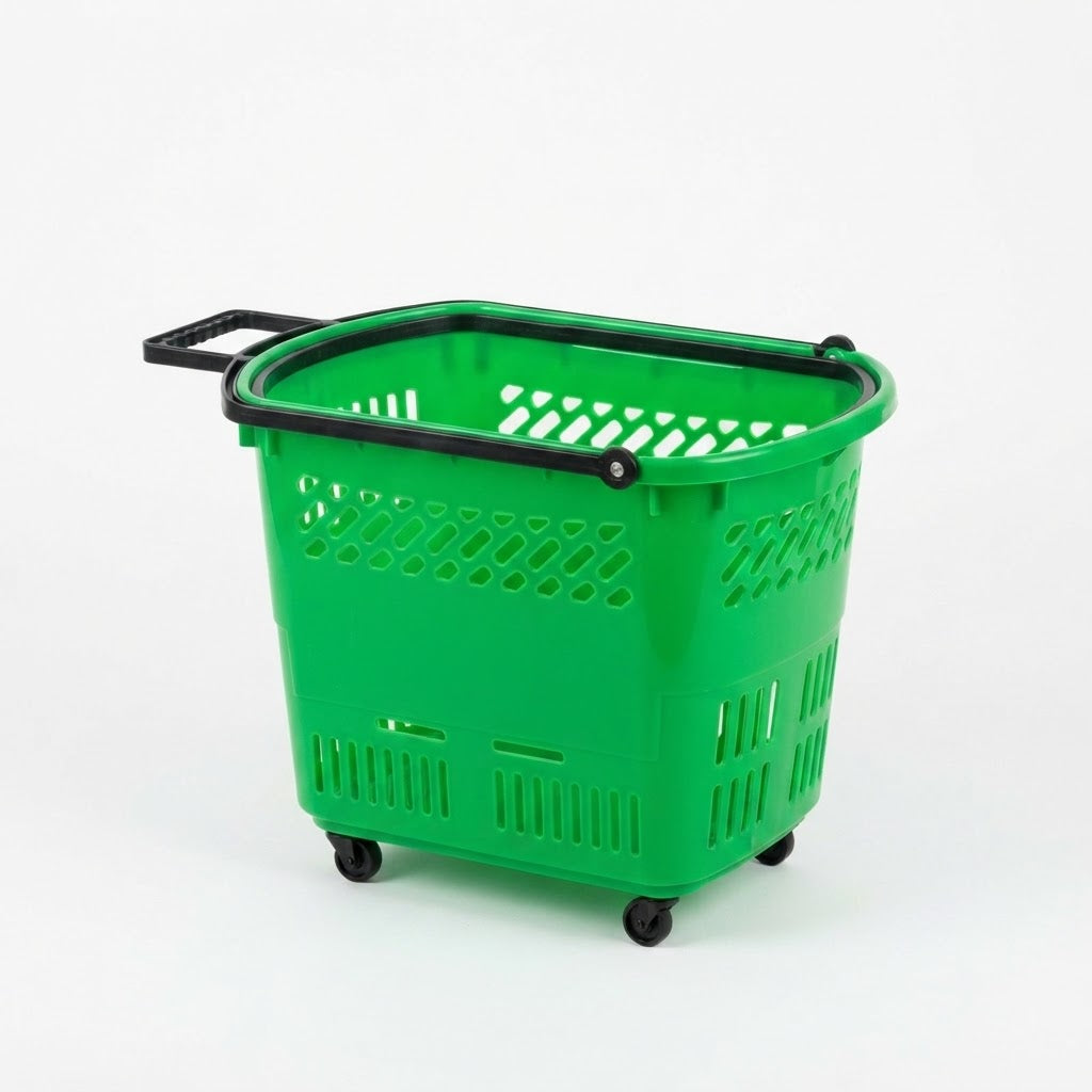 Plastic Rolling Basket with Telescopic Pull Handle & Wheels - 50×35×40cm
