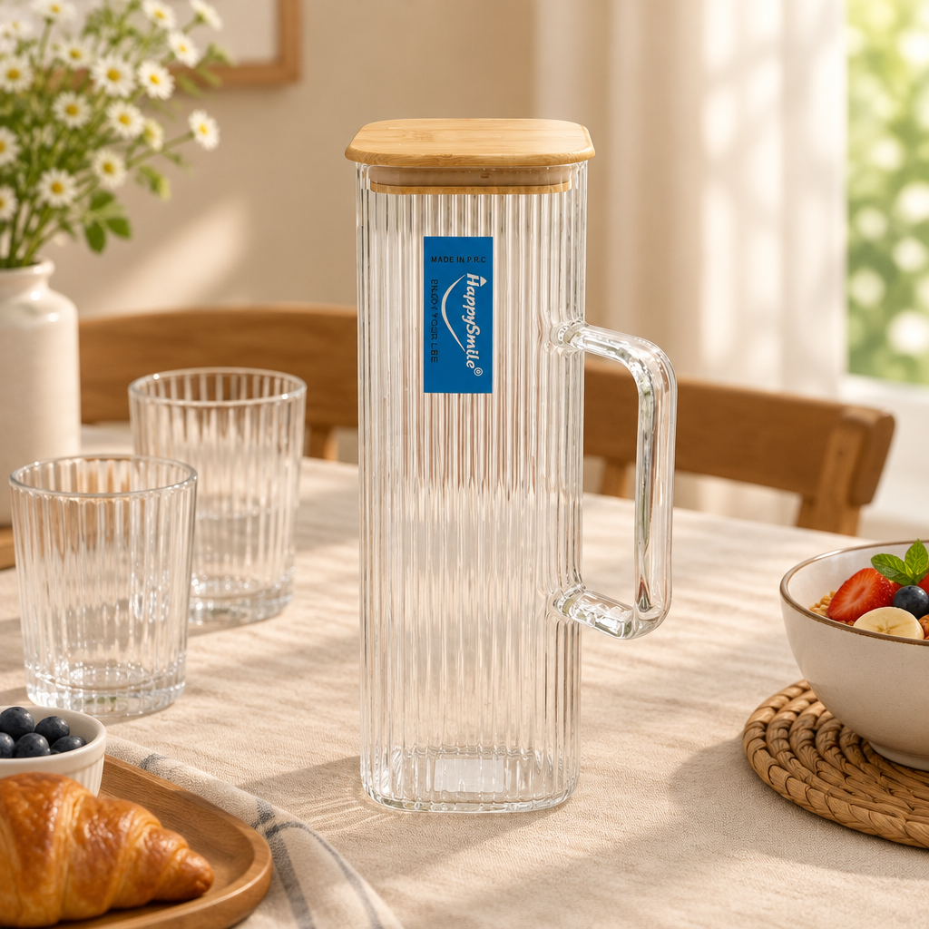 Happysmile Ribbed Glass Jug with Wooden Lid - 1 Litre