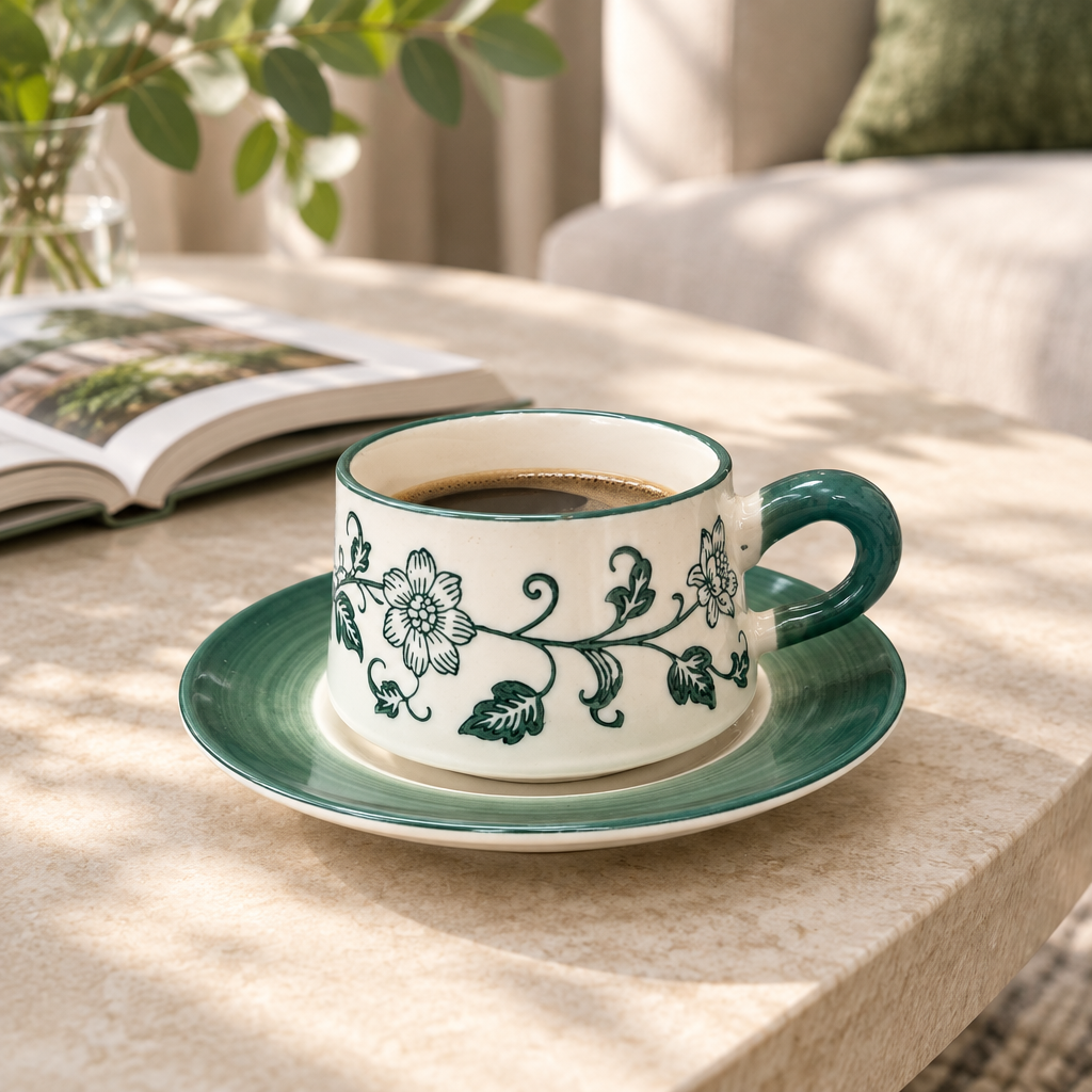 Floral Ceramic Cup and Saucer Set Green & White - 300ml