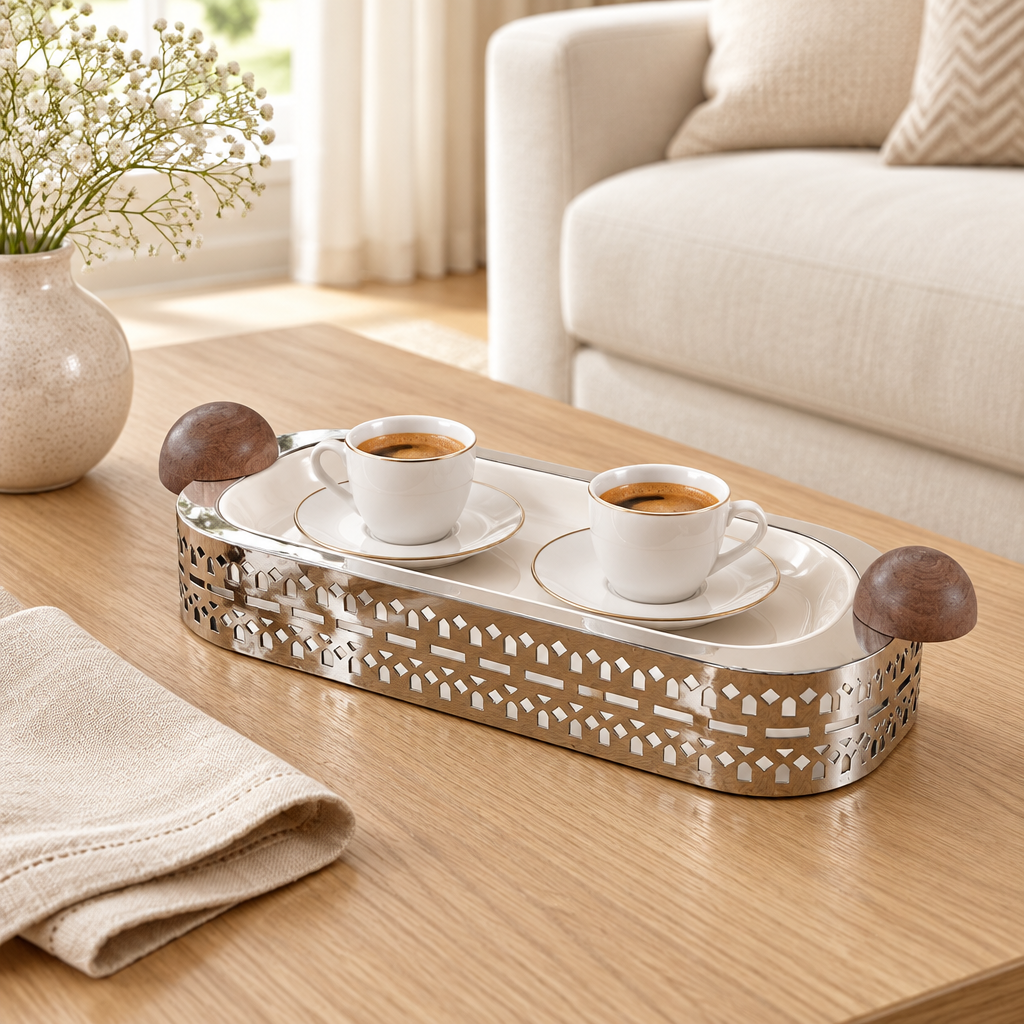 Metal Rectangular Serving Tray Cream and Silver  - 35×14cm