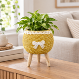 Zeem Rattan Planter Pot with Wooden Legs Yellow - 12×18cm