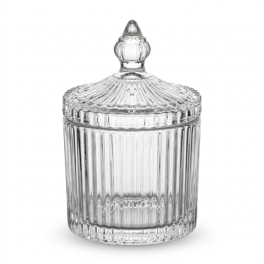 Ribbed Glass Sugar Pot with Decorative Lid – 8×10cm