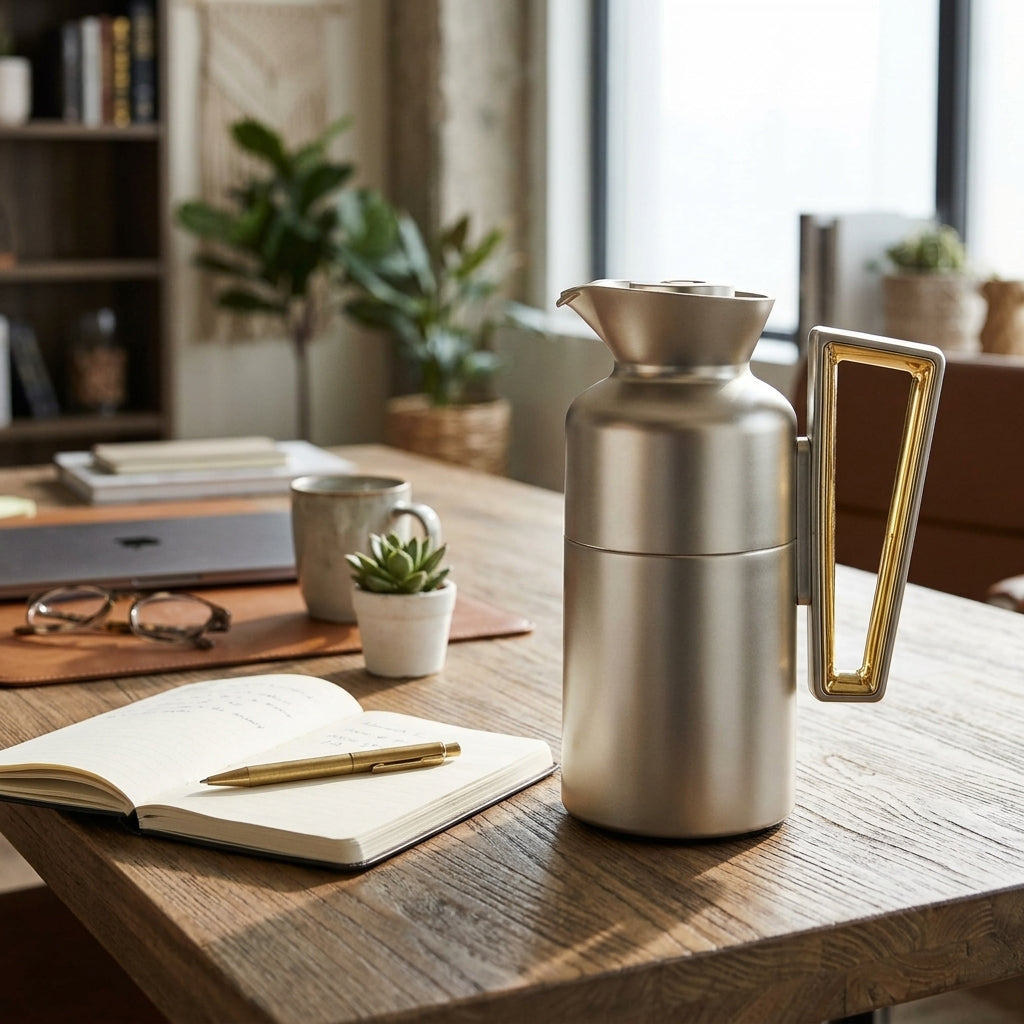 Fursan Vacuum Flask Set, 0.7 Litre + 1 Litre, Matte Nickel with Gold Accents