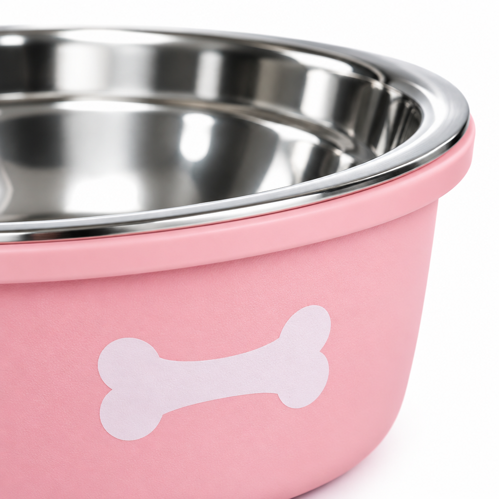 Silicone and Stainless Steel Pet Feeding Bowl Pink - 13.5cm