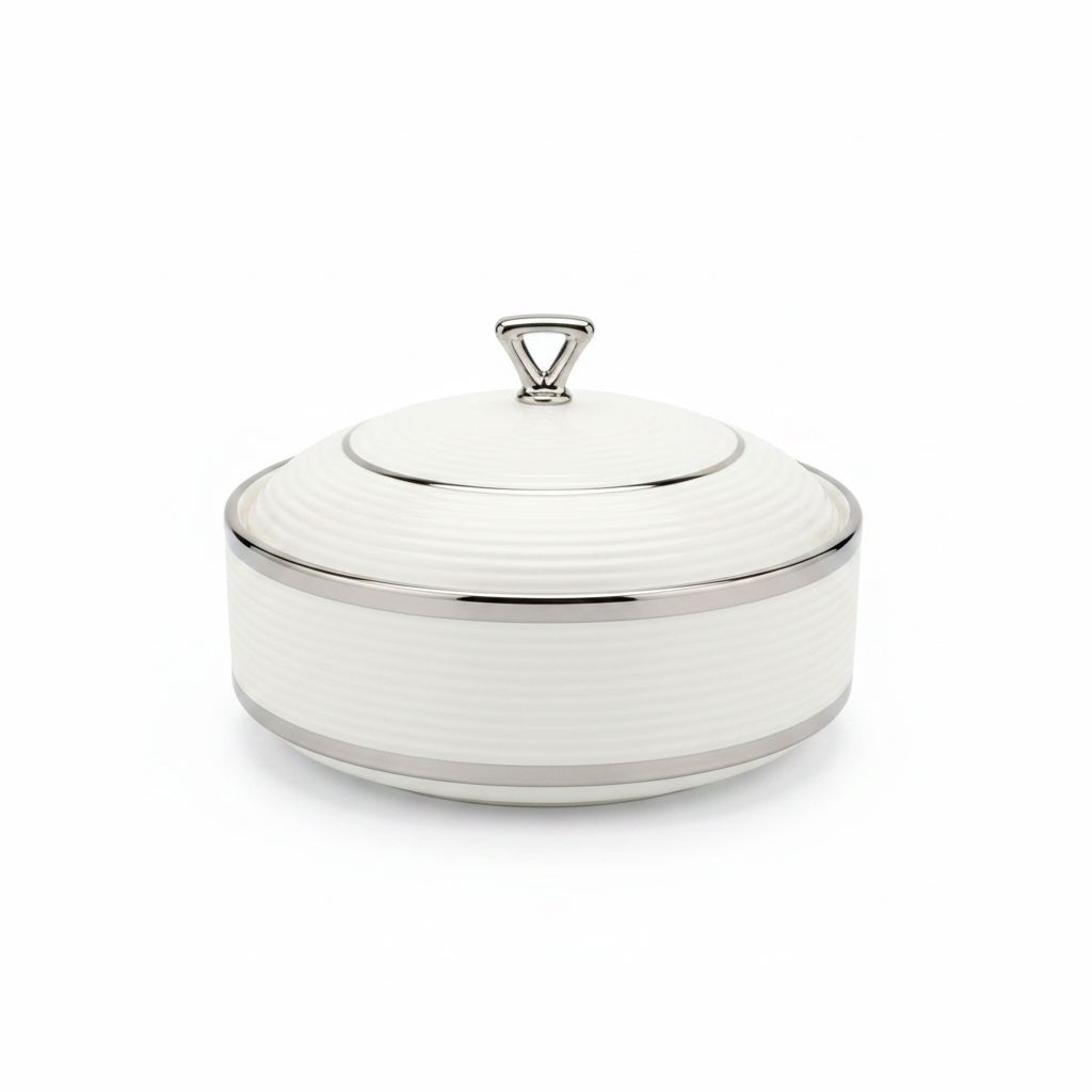 Ceramic Bowl with Lid White and Silver - 8 Inch