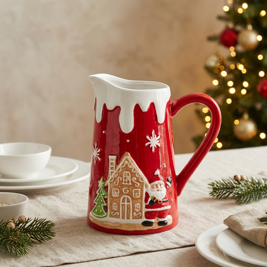 Ceramic Christmas Jug with Santa and Gingerbread House Design - 1 Litre