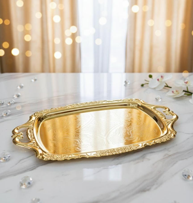 Edelolanz Gold Rectangular Steel Tray 43×27 cm – Premium Decorative Tray, Sturdy Build, Adds a Touch of Elegance to Any Setting - Al Kabayel Discount CentreEdelolanz Gold Rectangular Steel Tray 43×27 cm – Premium Decorative Tray, Sturdy Build, Adds a Touch of Elegance to Any SettingServing TraysEDELOLANZAl Kabayel Discount Centre
