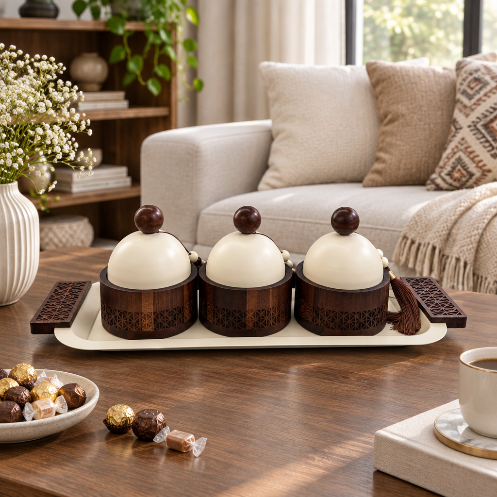 3-Piece Wooden Candy Bowl Set with Metal Tray Brown and Cream - 40×18cm